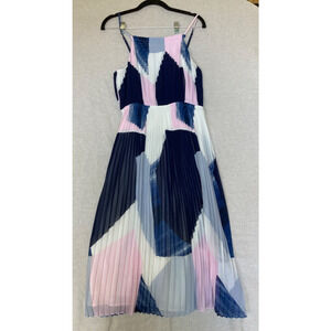 Banana Republic Blue Pink Abstract Pleated Halter Midi Dress Fit Flare Size 6